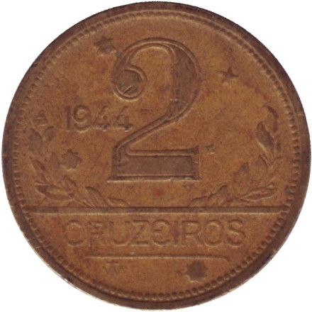 Монета 2 крузейро. 1944 год, Бразилия. Тип 1. Карта Бразилии.