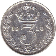 Монета 3 пенса. 1918 год, Великобритания. Монета 3 пенса. 1918 год, Великобритания.