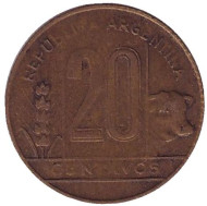 Монета 20 сентаво. 1949 год, Аргентина.