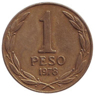 Монета 1 песо. 1978 год, Чили. Бернардо О’Хиггинс. Монета 1 песо. 1978 год, Чили. Бернардо О’Хиггинс.