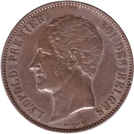 Монета 5 франков. 1851 год, Бельгия. (Без точки). Леопольд I.