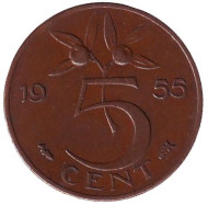 Монета 5 центов. 1955 год, Нидерланды. Монета 5 центов. 1955 год, Нидерланды.