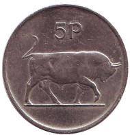 Монета 5 пенсов. 1990 год, Ирландия. Бык. Ирландская арфа. Монета 5 пенсов. 1990 год, Ирландия. Бык. Ирландская арфа.