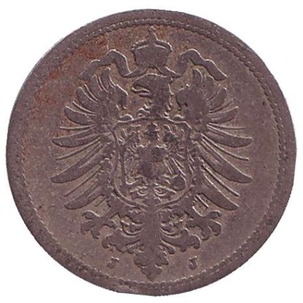 Монета 10 пфеннигов. 1876 год (J), Германская империя. Монета 10 пфеннигов. 1876 год (J), Германская империя.