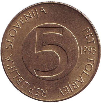 Монета 5 толаров. 1993 год, Словения. Альпийский козёл (Ибекс). Монета 5 толаров. 1993 год, Словения. Альпийский козёл (Ибекс).