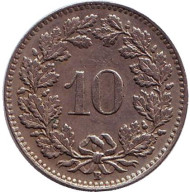 Монета 10 раппенов. 1948 год, Швейцария. Монета 10 раппенов. 1948 год, Швейцария.