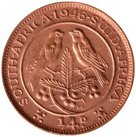 Монета 1/4 пенни (фартинг). 1946 год, ЮАР. Птицы.