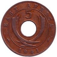 Монета 5 центов. 1941 год, Восточная Африка. (I). Монета 5 центов. 1941 год, Восточная Африка. (I).