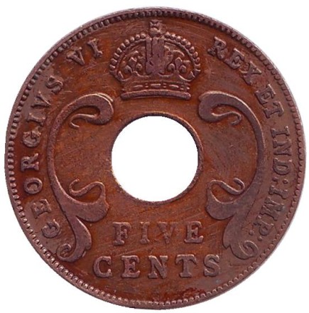 Монета 5 центов. 1941 год, Восточная Африка. (I). Монета 5 центов. 1941 год, Восточная Африка. (I).