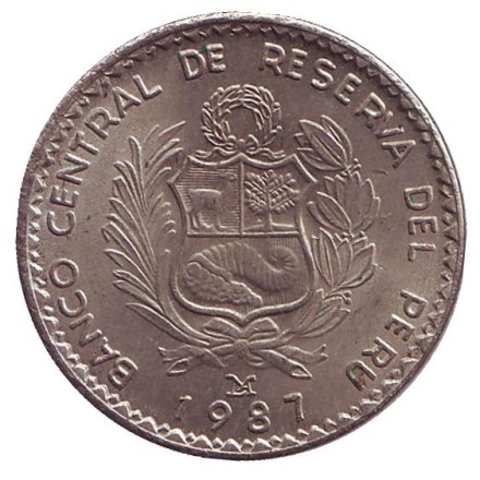 Монета 1 инти. 1987 год, Перу. Из обращения. Мигель Грау. Монета 1 инти. 1987 год, Перу. Из обращения. Мигель Грау.