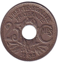 Монета 25 сантимов. 1933 год, Франция. Монета 25 сантимов. 1933 год, Франция.