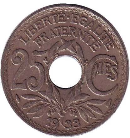 Монета 25 сантимов. 1933 год, Франция.