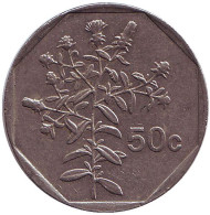 Монета 50 центов. 1992 год, Мальта. Растение. Монета 50 центов. 1992 год, Мальта. Растение.