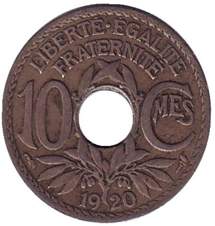 Монета 10 сантимов. 1920 год, Франция.