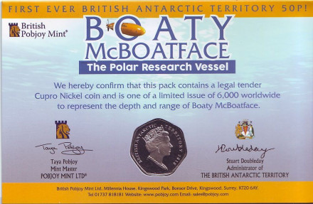 Монета 50 пенсов. 2018 год, Британская Арктическая территория. Корабль Boaty McBoatface ("Лодка с лицом лодки"). Монета 50 пенсов. 2018 год, Британская Арктическая территория. Корабль Boaty McBoatface ("Лодка с лицом лодки").