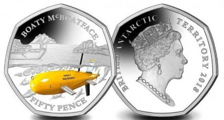Монета 50 пенсов. 2018 год, Британская Арктическая территория. Корабль Boaty McBoatface ("Лодка с лицом лодки"). Монета 50 пенсов. 2018 год, Британская Арктическая территория. Корабль Boaty McBoatface ("Лодка с лицом лодки").