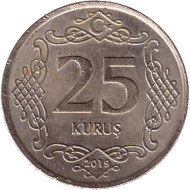 Монета 25 курушей. 2019 год, Турция. Монета 25 курушей. 2019 год, Турция.
