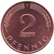 Монета 2 пфеннига. 1991 год (F), ФРГ. Дубовые листья. Монета 2 пфеннига. 1991 год (F), ФРГ. Дубовые листья.