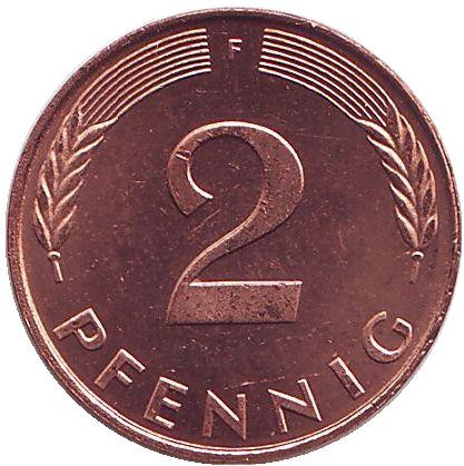Монета 2 пфеннига. 1991 год (F), ФРГ. UNC. Дубовые листья.