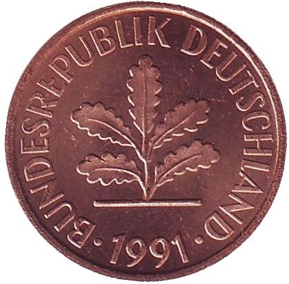 Монета 2 пфеннига. 1991 год (F), ФРГ. Дубовые листья. Монета 2 пфеннига. 1991 год (F), ФРГ. Дубовые листья.