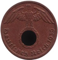 Монета 1 рейхспфенниг. 1939 год, Германия (Третий Рейх). (A). Монета 1 рейхспфенниг. 1939 год, Германия (Третий Рейх). (A).