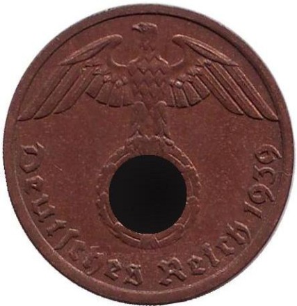 Монета 1 рейхспфенниг. 1939 год, Германия (Третий Рейх). (A).
