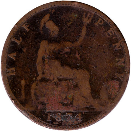 Монета 1/2 пенни. 1874 год, Великобритания. (Отметка монетного двора: "H").