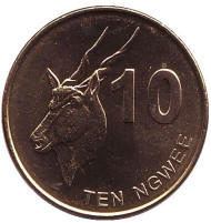 Монета 10 нгве. 2012 год, Замбия. UNC. Западная канна - африканская антилопа.