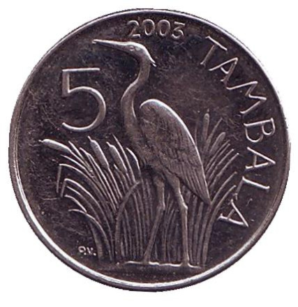 Монета 5 тамбал. 2003 год, Малави. Из обращения. Цапля.