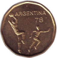 Монета 20 песо. 1977 год, Аргентина. Чемпионат мира по футболу. Монета 20 песо. 1977 год, Аргентина. Чемпионат мира по футболу.