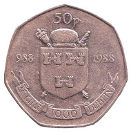 Монета 50 пенсов. 1988 год, Ирландия. 1000 лет Дублину.
