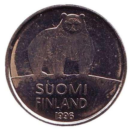 Монета 50 пенни. 1996 год, Финляндия. UNC. Медведь.
