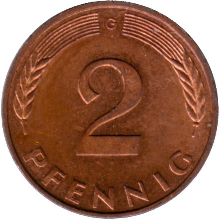 Монета 2 пфеннига. 1985 год (G), ФРГ. Дубовые листья.