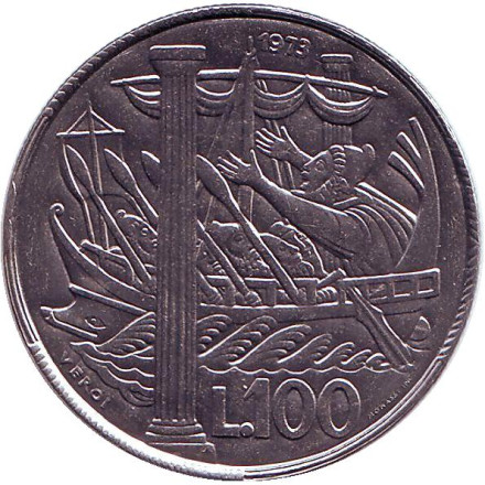 Монета 100 лир. 1973 год, Сан-Марино. Улисс и Геркулесовы столбы.