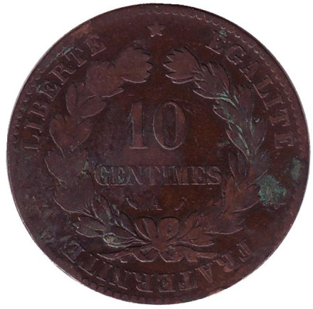 Монета 10 сантимов. 1881 год, Франция.
