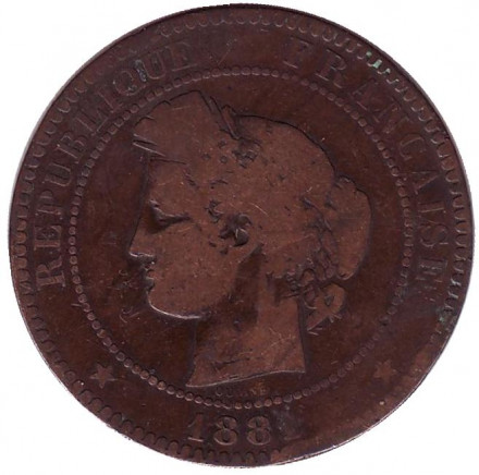 Монета 10 сантимов. 1881 год, Франция. Монета 10 сантимов. 1881 год, Франция.