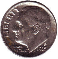 Монета 10 центов. 1985 (P) год, США. Рузвельт. Монета 10 центов. 1985 (P) год, США. Рузвельт.