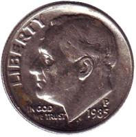 Рузвельт. Монета 10 центов. 1985 (P) год, США.