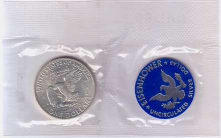 Монета 1 доллар, с жетоном. 1971 год (S), США. Дуайт Эйзенхауэр. В запайке. Монета 1 доллар, с жетоном. 1971 год (S), США. Дуайт Эйзенхауэр. В запайке.