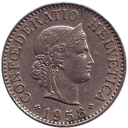 Монета 10 раппенов. 1958 год, Швейцария. Монета 10 раппенов. 1958 год, Швейцария.