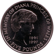 Монета 5 фунтов. 1999 год, Великобритания. Принцесса Диана. Монета 5 фунтов. 1999 год, Великобритания. Принцесса Диана.