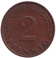 Монета 2 пфеннига. 1958 год (G), ФРГ. Дубовые листья. Монета 2 пфеннига. 1958 год (G), ФРГ. Дубовые листья.