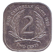 Монета 2 цента. 1993 год, Восточно-Карибские государства.