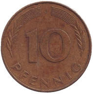 Монета 10 пфеннигов. 1979 год (J), ФРГ. Дубовые листья. Монета 10 пфеннигов. 1979 год (J), ФРГ. Дубовые листья.
