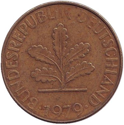 Монета 10 пфеннигов. 1979 год (J), ФРГ. Дубовые листья.
