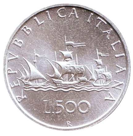 Монета 500 лир. 1998 год, Италия. BU. Корабли Колумба.