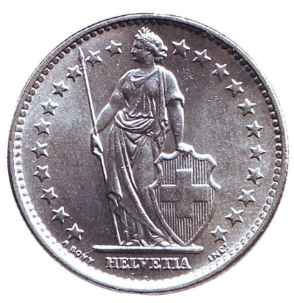 Монета 2 франка. 1965 год, Швейцария. aUNC. Гельвеция. Монета 2 франка. 1965 год, Швейцария. aUNC. Гельвеция.