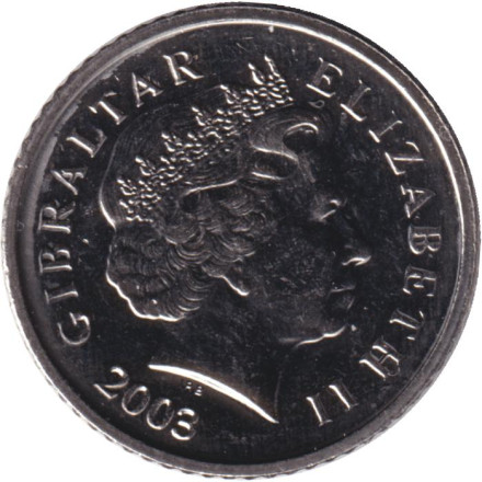 Монета 5 пенсов. 2003 год, Гибралтар. Магнитная. (AC) Варварийская обезьяна.