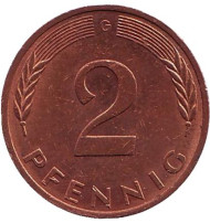 Монета 2 пфеннига. 1983 год (G), ФРГ. Дубовые листья. Монета 2 пфеннига. 1983 год (G), ФРГ. Дубовые листья.