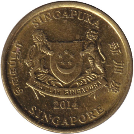 Монета 5 центов. 2014 год, Сингапур. Театр Эспланада.